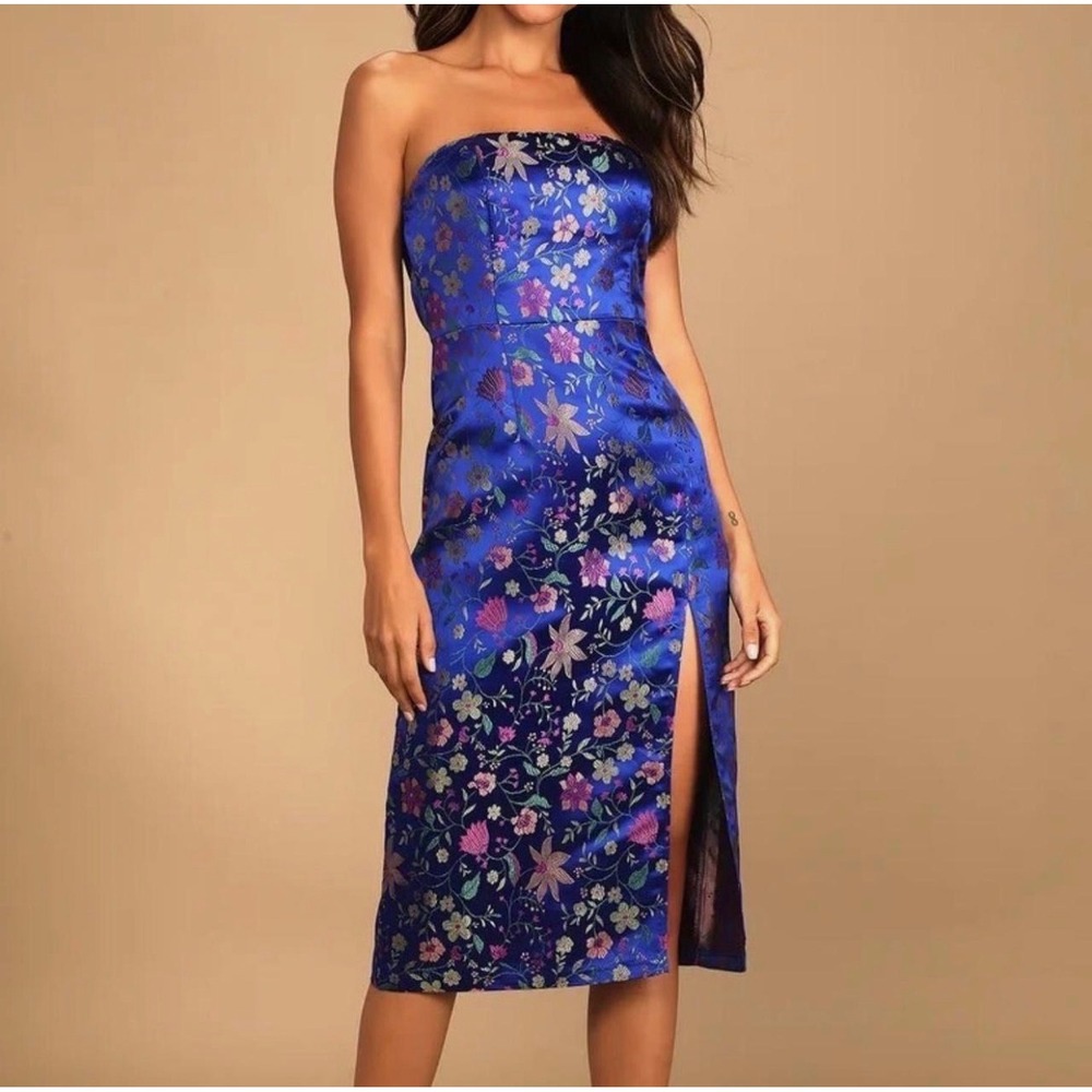 Lulus Make a Move Blue Floral Satin Jacquard Strapless Midi Dress NWT L